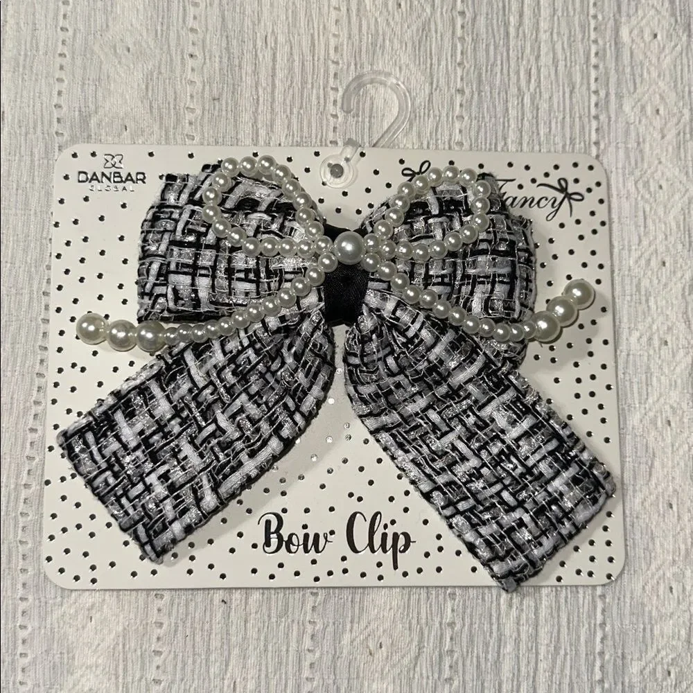 DANBAR GLOBAL OS Black White Velvet Tweed Faux Pearl Overlay Bow Hair Clip